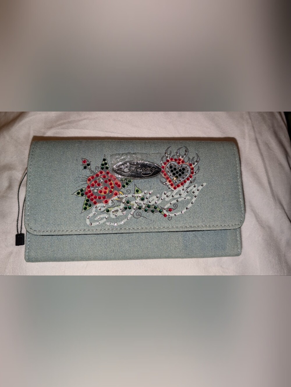 Ed Hardy Denim Embellished Wallet with Rhinestone Floral Detail Light Blue NWOT